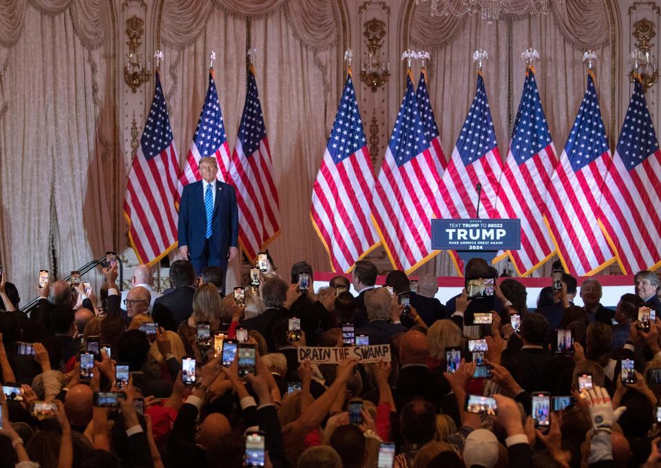 Donald Trump stands before supporters at a Super Tuesday watch party at Mar-a Lago on March 5, 2024 in Palm Beach, Florida.