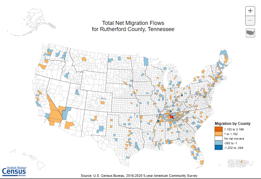 Net migration for Rutherford County, 2016-2020.