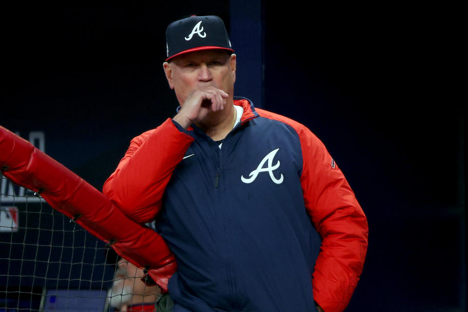 ATLANTA, GEORGIA - OCTOBER 31:  Manager Brian Snitker #43 of the Atlanta Braves looks on against the Houston Astros during the eighth inning in Game Five of the World Series at Truist Park on October 31, 2021 in Atlanta, Georgia. (Photo by Kevin C. Cox/Getty Images)