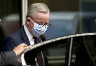 Chancellor of the Duchy of Lancaster Michael Gove leaves the third meeting of the EU-UK Joint Committee at EU headquarters in Brussels, Monday, Sept. 28, 2020. Chancellor of the Duchy of Lancaster Michael Gove on Monday met with Vice-President of the European Commission in charge of Inter-institutional relations and Foresight Maros Sefcovic, while EU chief Brexit negotiator Michel Barnier joined by videoconference. (AP Photo/Francisco Seco)