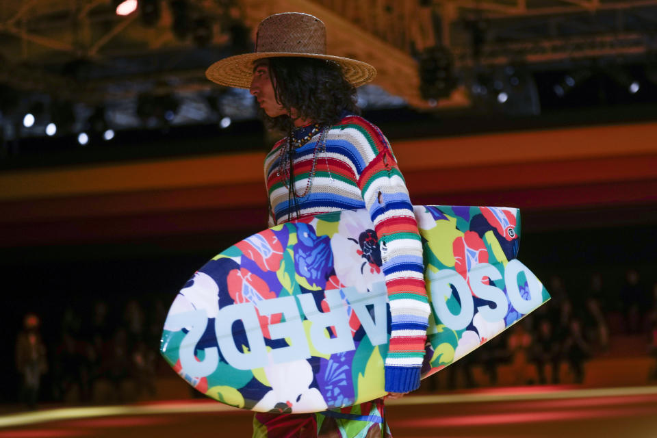 A model wears a creation as part of the Dsquared2 men's Spring Summer 2023 collection presented in Milan, Italy, Friday, June 17, 2022. (AP Photo/Luca Bruno)