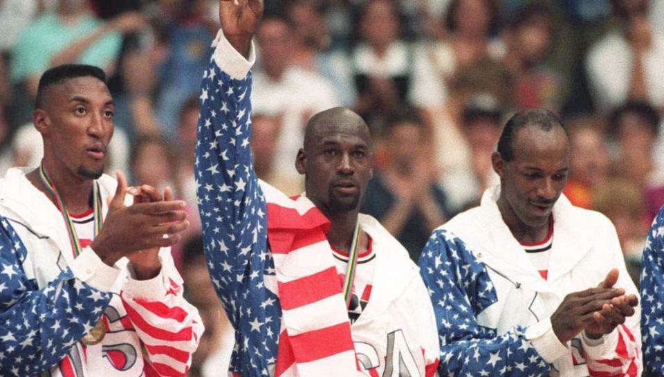 1992年奧運籃球金牌皮朋(左起)、喬丹、崔斯勒。（美聯社資料照）