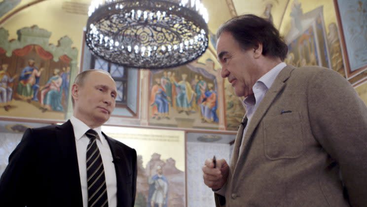 Russian President Vladimir Putin and Oliver Stone, in a moment from the Showtime documentary The Putin Interviews