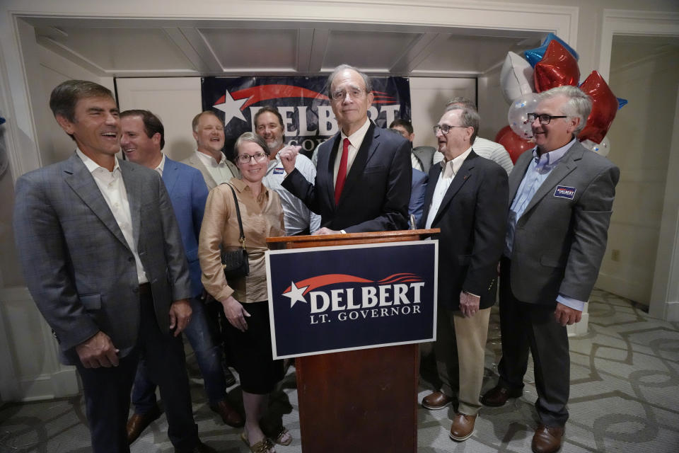 Mississippi Lt. Gov. Delbert Hosemann, center, stands with a group of Republican state senators in Jackson, Miss., Tuesday, Aug. 8, 2023, after Hosemann defeated two challengers in the Republican primary for lieutenant governor. (AP Photo/Rogelio V. Solis)