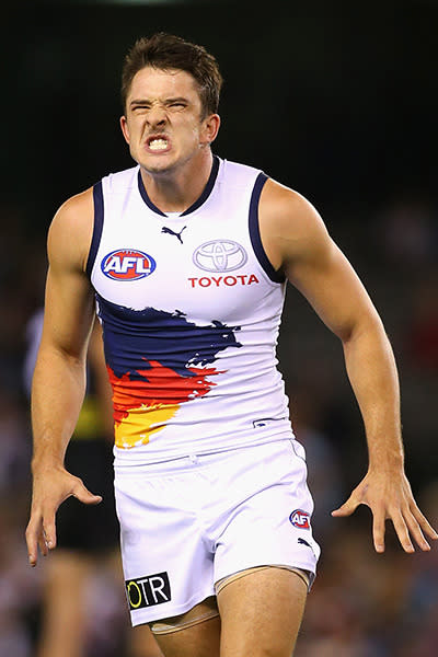 Game face: Matthew Jaensch fires up in the big win over St Kilda