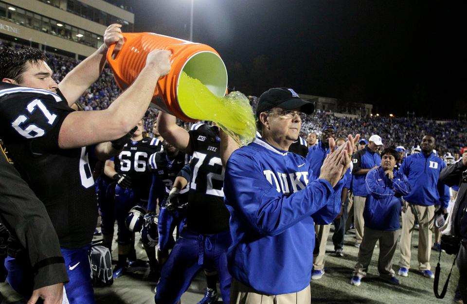 Duke coach David Cutcliffe is doused with Gatorade following his team's win over Miami last month.
