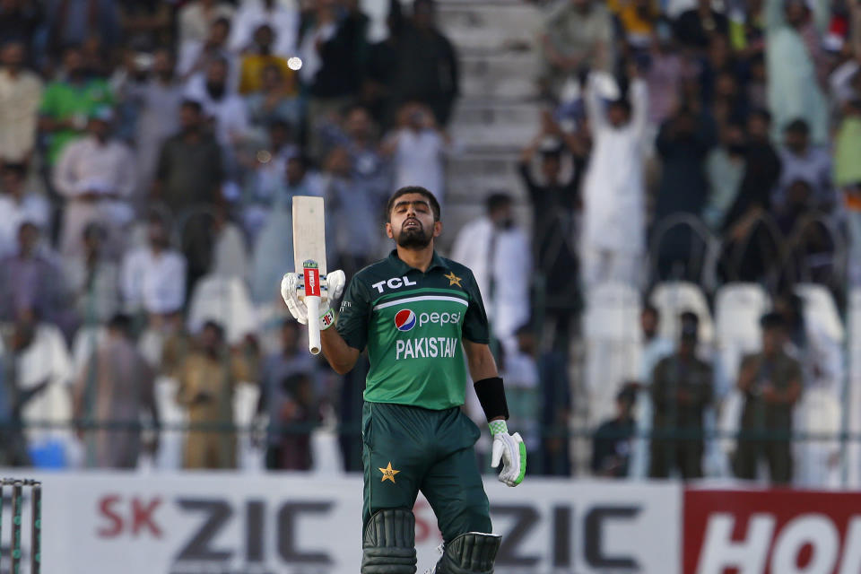 Pakistan's Babar Azam reacts after scoring fifty during the second one-day international cricket match between Pakistan and West Indies at the Multan Cricket Stadium, in Multan, Pakistan, Friday, June 10, 2022. (AP Photo/Anjum Naveed)