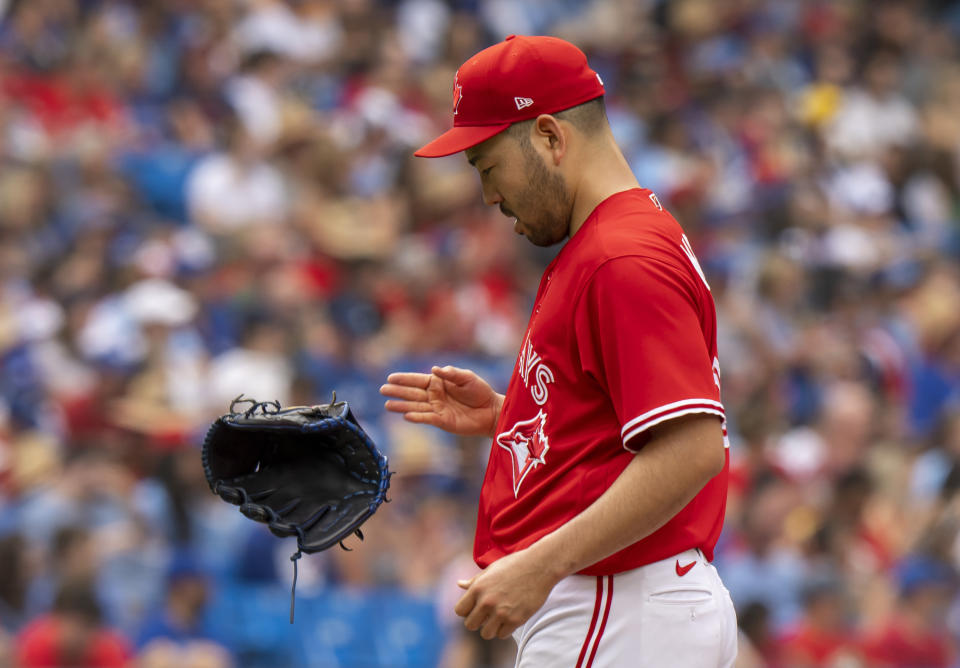 Toronto Blue Jays starting pitcher Yusei Kikuchi reacts after being pulled during the fifth inning of a baseball game against the Boston Red Sox in Toronto on Saturday, July 1, 2023. (Frank Gunn/The Canadian Press via AP)