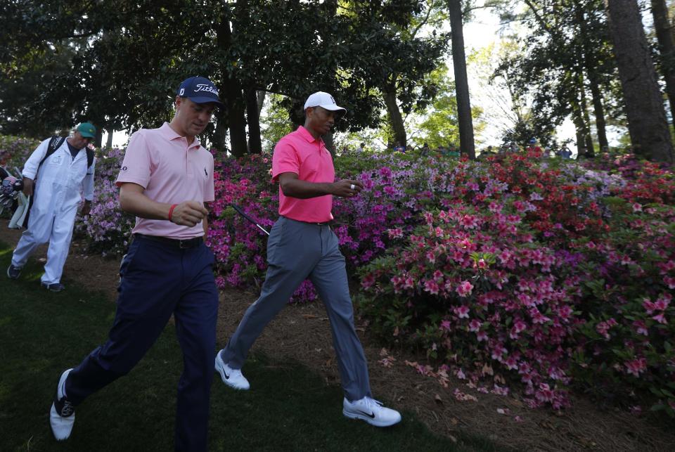 Justin Thomas (center) is one of the few golfers with better odds at Augusta this week than Tiger Woods. (Reuters)