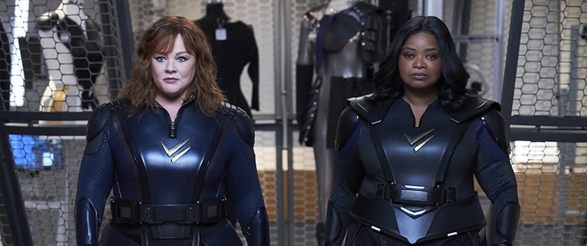 Melissa McCarthy, left, and Octavia Spencer in "Thunder Force." (Hopper Stone/Netflix via AP)