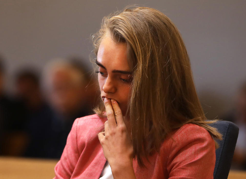 TAUNTON, MA - JUNE 6: Michelle Carter listens as ADA Maryclare Flynn makes her opening statement, displaying many texts between Carter and Conrad Roy III, as the trial of Carter proceeds in Bristol County Superior Court in Taunton, MA on Jun. 6, 2017. Carter is charged with involuntary manslaughter for encouraging the 18-year-old Conrad Roy III to kill himself in July 2014. (Photo by Pat Greenhouse/The Boston Globe via Getty Images)
