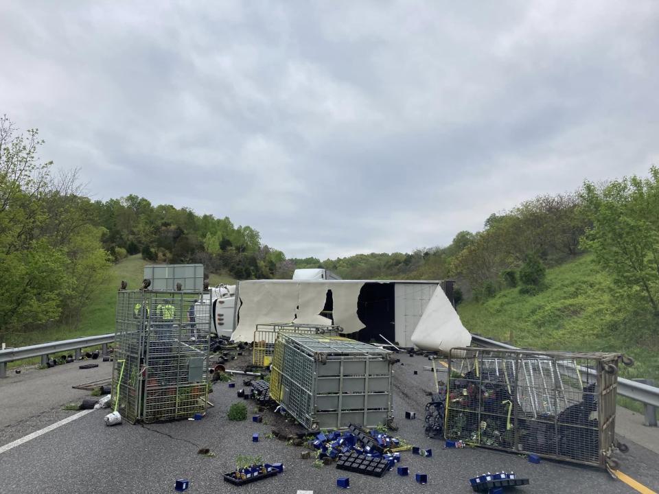 A tractor-trailer overturns on its side on I-81 North in Montgomery County on April 26. (Photo Courtesy: Montgomery County Fire-EMS Department)