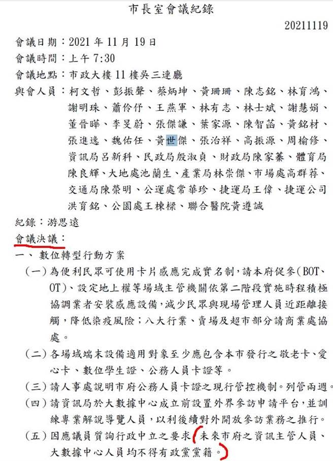 對於台北市長柯文哲宣稱「市府處理資料的人都不可有黨籍」，市府發言人陳智菡稱「發言不夠精準」，吳沛憶揭會議記錄控說謊。（吳沛憶提供／楊亞璇台北傳真）