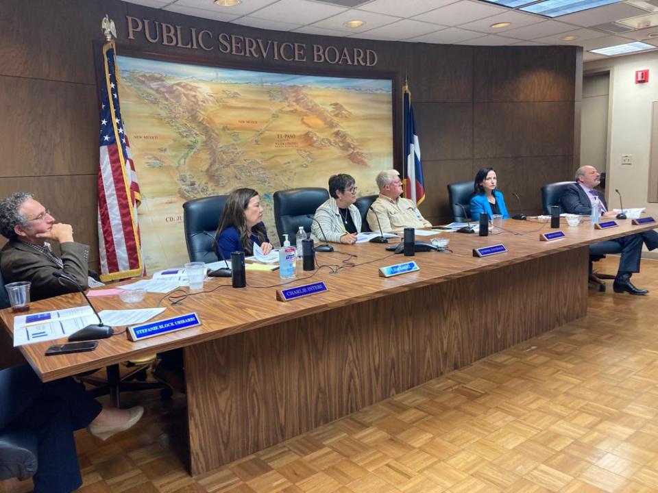 Members of the Public Service Board listen to a presentation on the proposed El Paso Water fiscal year 2023-24 budget on Tuesday.