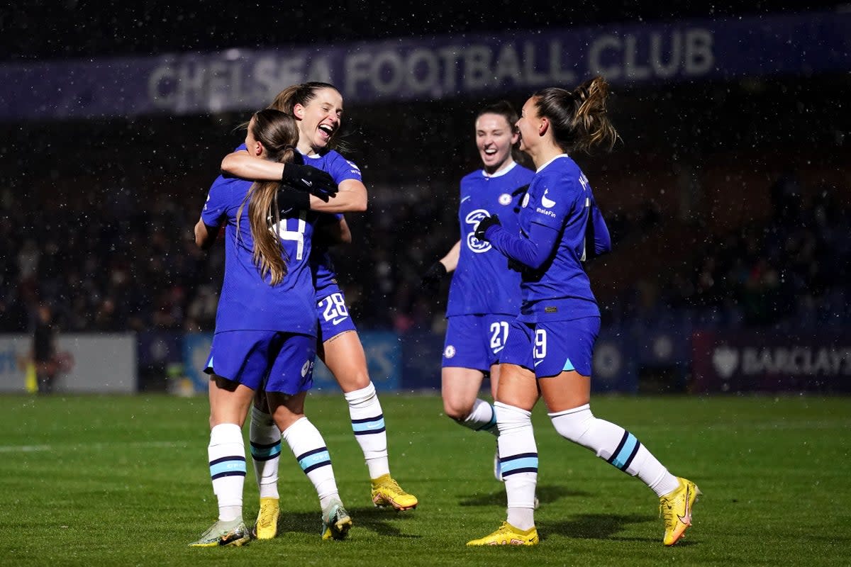 Chelsea’s Fran Kirby (left) celebrates opening the scoring. (John Walton/PA) (PA Wire)