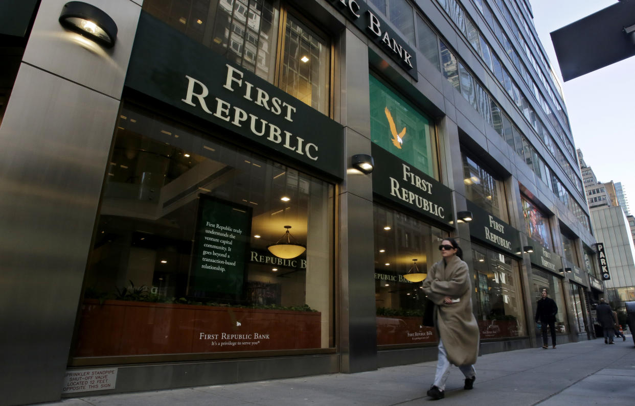 NEW YORK, NEW YORK - MARCH 16: People make their way near a First Republic Bank branch on March 16, 2023 in New York City. First Republic Bank, which has been at the center of the crisis, is near to receiving a rescue deal in a bid to stave off a collapse. (Photo by Leonardo Munoz/VIEWpress)