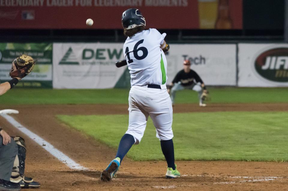 Vermont Lake Monster Colby  Brouillette fouls off a ptich during the Futures Collegiate Baseball League Championship vs. the Pittsfield Suns at Centennial Field on Friday night.