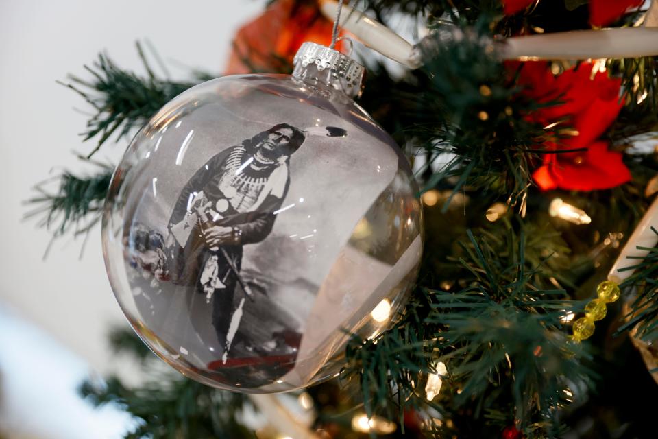 Decorations on the Ponca Tribe tree are seen on display before the annual Red Earth TreeFest at the Red Earth Art Center in the lobby of BancFirst Tower in Oklahoma City, Thursday, Nov. 9, 2023.