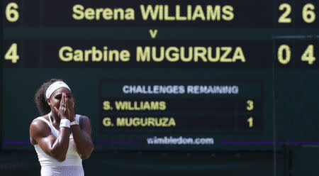 Serena Williams of the U.S.A celebrates after winning her Women's Final match against Garbine Muguruza of Spain at the Wimbledon Tennis Championships in London, July 11, 2015. REUTERS/Suzanne Plunkett