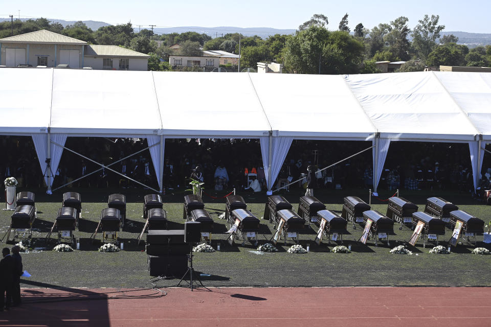 A mass funeral is held in Molepololefor, Gaborone, Botswana, Saturday May 4, 2024, for the 45 Botswana nationals who were killed in a bus crash en route to Moira City for Easter weekend services last month in neighbouring South Africa. The only survivor was an eight-year-old child. (AP Photo)