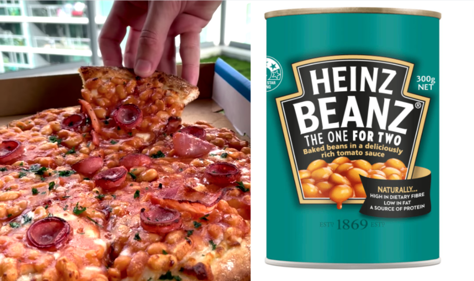 Left: A photo of a Domino's pizza with baked beans on it Right: a photo of a can of Heinz baked beans on white background