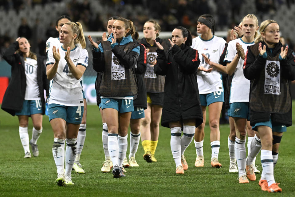 New Zealand's players greet fans after the Women's World Cup Group A soccer match between New Zealand and Switzerland in Dunedin, New Zealand, Sunday, July 30, 2023. (AP Photo/Andrew Cornaga)