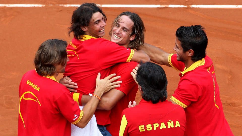 Nadal celebrates with his teammates after reaching the Davis Cup final in 2008. - Jasper Juinen/Getty Images