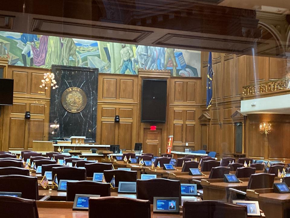 Vandals damaged the Indiana Statehouse building Sunday, March 27, 2022, cracking screens and destroying a bench. Several juveniles were detained and released to their parents related to the damage, Indiana State Police said.