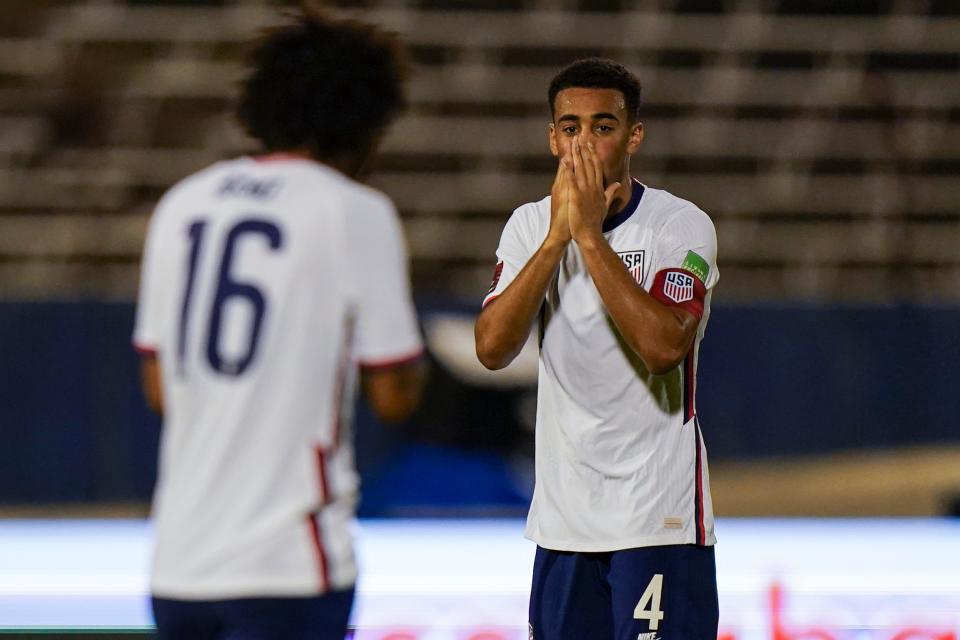 Tyler Adams (4) reacts during the USMNT's draw against Jamaica on Tuesday.