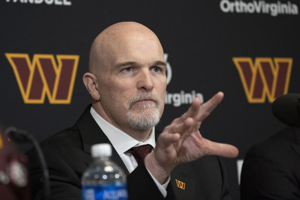 New Washington Commanders head coach Dan Quinn speaks during an NFL football news conference at Commanders Park in Ashburn, Va., Monday, Feb. 5, 2024. (AP Photo/Manuel Balce Ceneta)