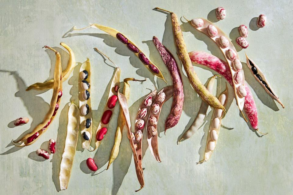 colorful shelled beans on green surface