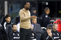 FILE - Columbus Crew coach Wilfried Nancy directs his team against CF Montreal during the first half of an MLS soccer match in Columbus, Ohio, Saturday, Oct. 21, 2023. Nancy, who is French, built his coaching career with Montreal in Canada and he now leads Ohio's championship-winning Columbus Crew. He is the only Black head coach in MLS. (AP Photo/Paul Vernon, File)