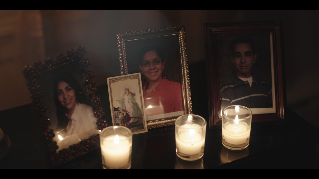 Felicia wears a white button up, Yalitza wears a pink polo, and Santos wears a blue-and-white striped polo.