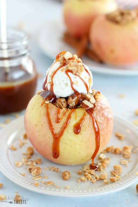 <p>Celebrating Sweets</p><p>Tender baked apples stuffed with a brown sugar cinnamon oat crumble. Serve warm with vanilla ice cream and caramel sauce. A beautiful and rustic fall dessert. </p><p><strong>Get the recipe: <em><a href="https://celebratingsweets.com/baked-stuffed-apples/" rel="nofollow noopener" target="_blank" data-ylk="slk:Baked Stuffed Apples;elm:context_link;itc:0;sec:content-canvas" class="link ">Baked Stuffed Apples</a></em></strong></p>