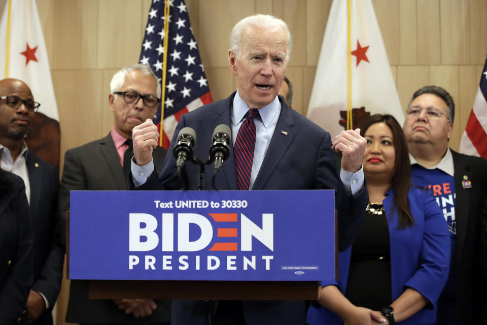 Democratic presidential candidate former Vice President Joe Biden speaks Wednesday, March 4, 2020, in Los Angeles. (AP Photo/Marcio Jose Sanchez)