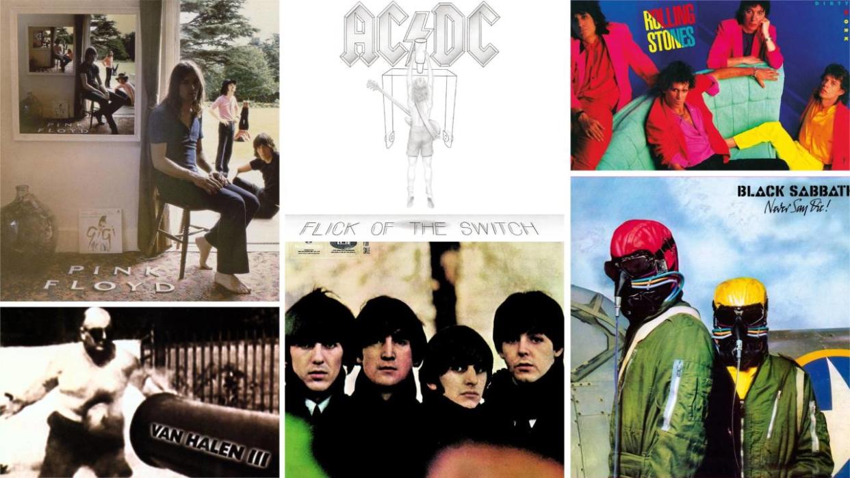  Album covers by Piink Floyd, AC/DC, The Rolling Stones, Van Halen, The Beatles and Black Sabbath. 