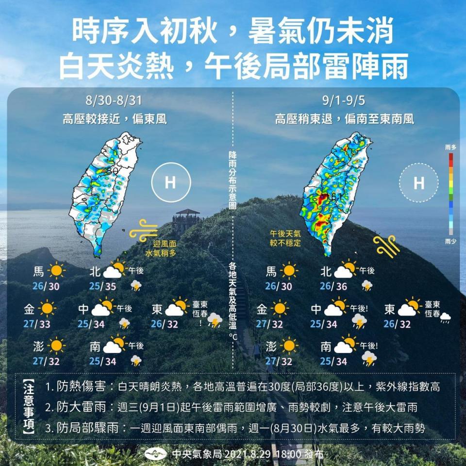 一週天氣出爐，氣象局提醒，要慎防午後雷陣雨及熱傷害。（翻攝自氣象局）