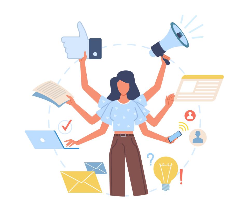 Multitasking woman. Versatile lady effectively decisive multiple cases at same time, hands perform actions, universal worker. Productive work in office, workaholic character vector isolated concept