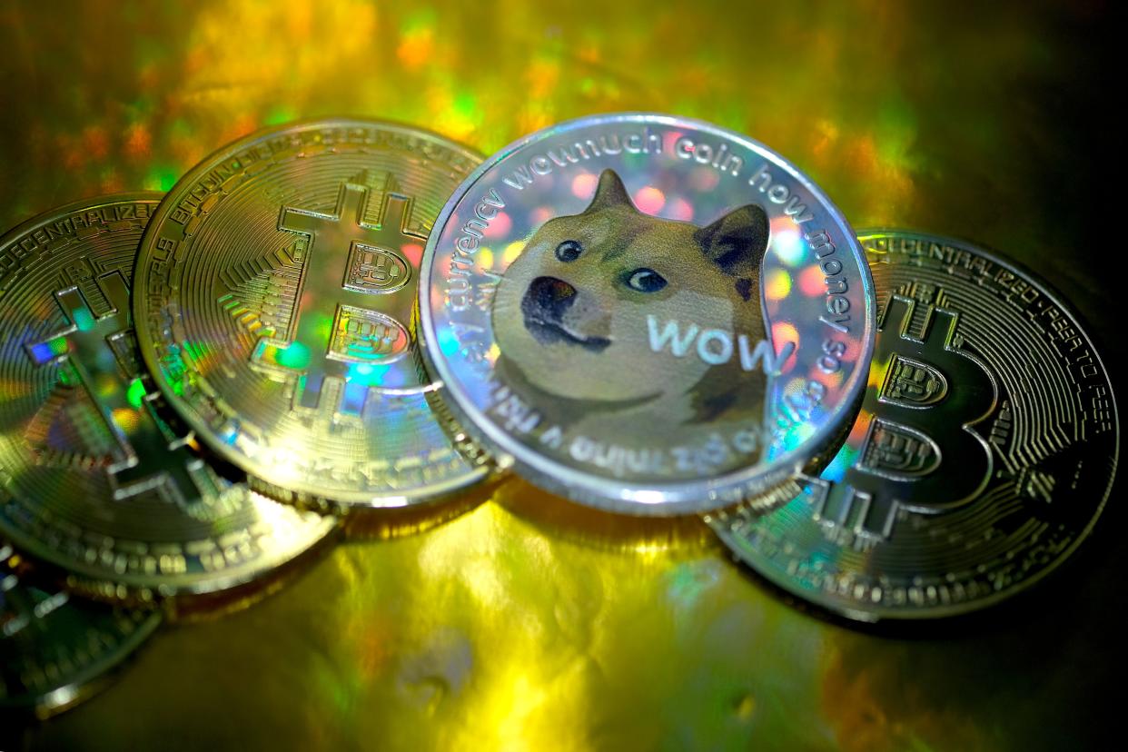 In this photo illustration, visual representations of digital cryptocurrencies, Dogecoin and Bitcoin are arranged on January 29, 2021 in Katwijk, Netherlands.