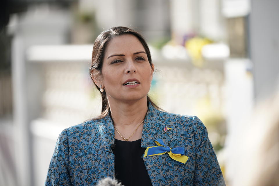File photo dated 06/03/22 of Home Secretary Priti Patel speaking to the media outside the Ukrainian embassy in London. The Home Secretary has apologised 