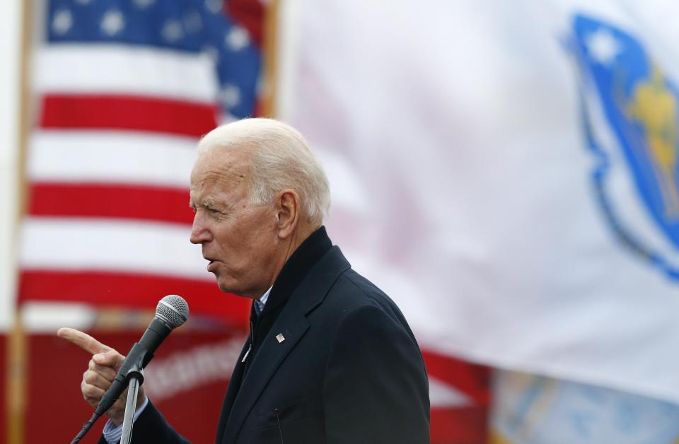 FILE - In this April 18, 2019, file photo, former vice president Joe Biden speaks at a rally in support of striking Stop & Shop workers in Boston. (AP Photo/Michael Dwyer, File)