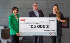 de gauche à droite: Josée Giguère, directrice générale de la FIUCPQ, Jean Falardeau, directeur des opérations chez IGA, Dre Marie-Eve Piché, cardiologue spécialiste en prévention cardiovasculaire, IUCPQ, et, Chercheur et professeur de Médecine à l’Université Laval