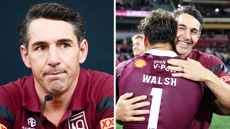 Billy Slater during a media interview and Slater hugging Reece Walsh.