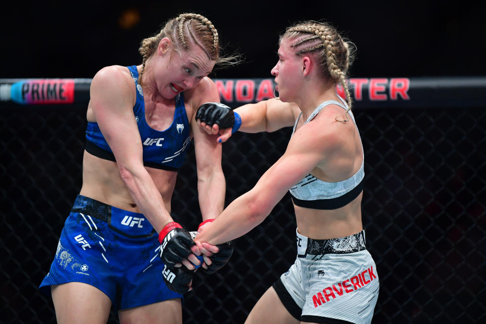 Feb 17, 2024; Anaheim, California, USA; Miranda Maverick lands a hit against Andrea Lee during UFC 298 at Honda Center. Mandatory Credit: Gary A. Vasquez-USA TODAY Sports