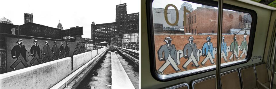LEFT: View of the murals on the side of Serman's Clothes Shop seen from the Detroit People Mover in downtown Detroit in the 1980s. Serman's closed its business 10 years ago. RIGHT: View from Wednesday, Sept. 20, 2023.