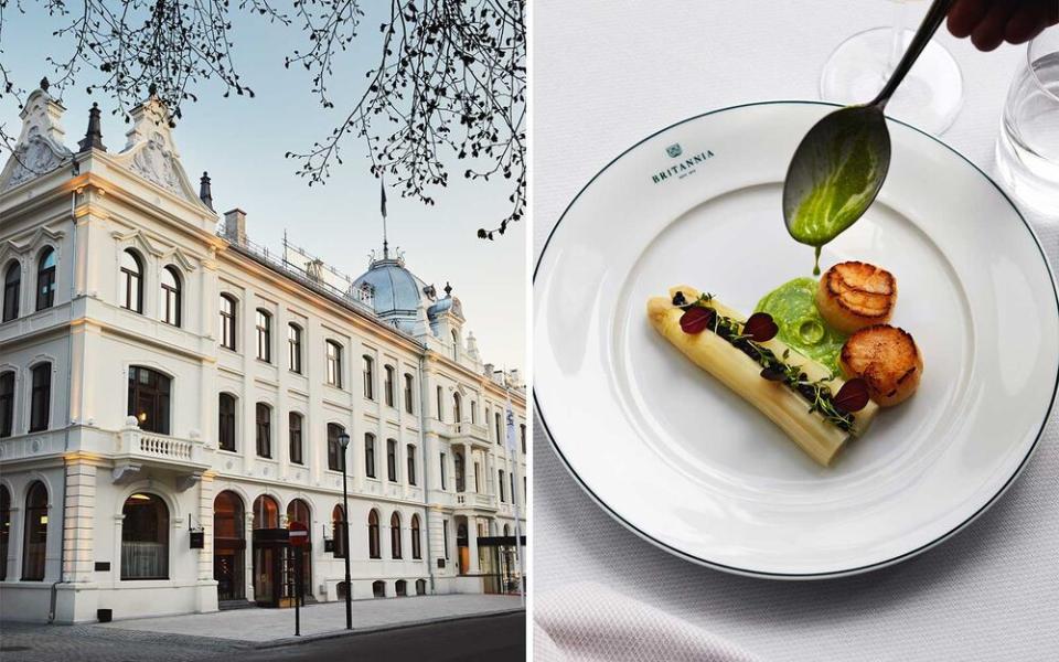 From left: Fit for a queen: Elizabeth II stayed at the Britannia Hotel in 1969; scallops and white asparagus at the Palmehaven, a restaurant in the Britannia. | Lars Petter Pettersen/Courtesy of Britannia Hotel