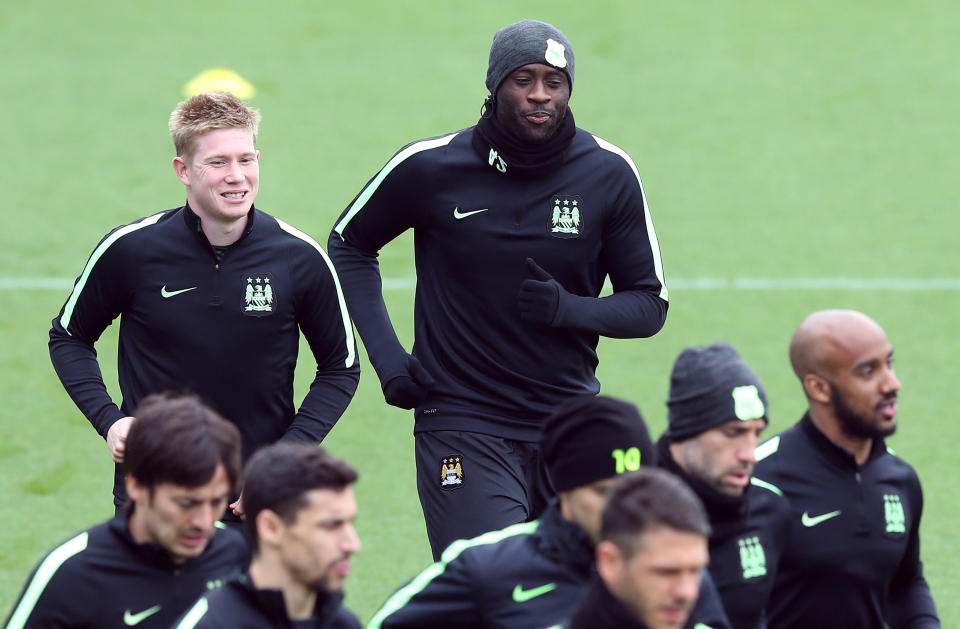 Manchester City's Yaya Toure (right) and Kevin De Bruyne (left) during a training session at the City Football Academy, Manchester.