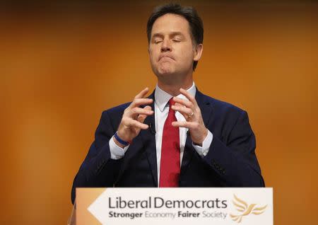 Britain's Deputy Prime Minister, and leader of the Liberal Democrats, Nick Clegg delivers his keynote speech at the party's autumn conference in Glasgow, Scotland October 8, 2014. REUTERS/Russell Cheyne