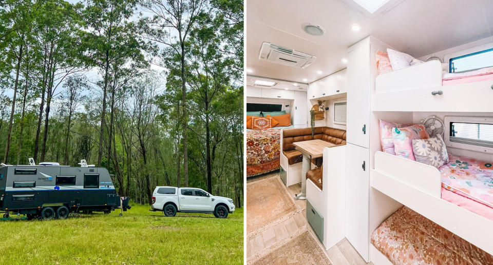 A caravan hooked to a 4WD (left) with the interior of the caravan (right). 