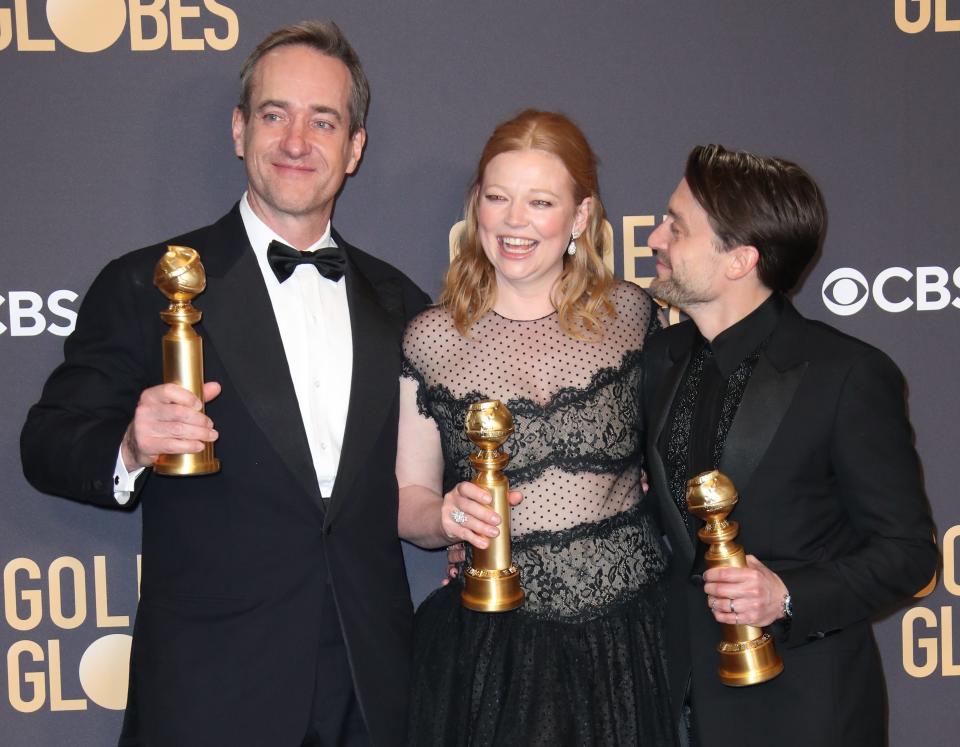 "Succession" co-stars Matthew Macfayden (far left), Sarah Snook and Kieran Culkin celebrate their Golden Globe wins.